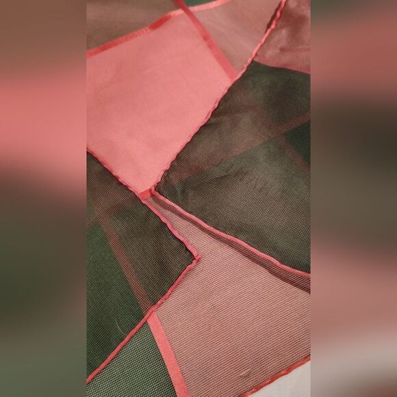 Vintage Checkered Square Scarf Pink & Grey Ribbon Rolled Hem - Picture 10 of 11